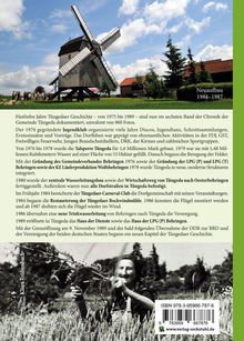 Texte beschreiben Ereignisse in Tüngeda von 1975 bis 1989, inklusive Jugendklub-Aktivitäten und Restaurierung der Bockwindmühle. Oben ist eine Windmühle zu sehen, daneben Bäume und Menschen. Unten ein Schwarzweißfoto von Klara Tribembach mit Pflanzen. ISBN und Verlagswebseite sind ebenfalls vorhanden.