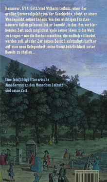 Text über Gottfried Wilhelm Leibniz im Jahr 1714, seine Ideen und Bemühungen. Illustration eines Parks mit Figuren im Vordergrund.