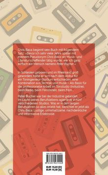 Roter Textblock über Kassetten-Muster. Beschreibung von Chris Bacas Werdegang und Erfahrungen in der Musikindustrie. Preis: EUR 15,00.