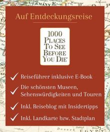 Ein rotes Plakat mit Text: "Auf Entdeckungsreise". Liste mit vier Vorteilen, darunter "Reiseführer inklusive E-Book". Hintergrund: Landkarte.