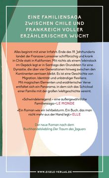 Logo mit Text: "Eine Familiensaga zwischen Chile und Frankreich voller erzählerischer Wucht." Hintergrund in grünen und orangen Tönen.