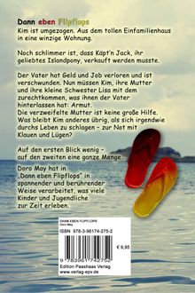 Text: "Dann eben Flipflops. Kim ist umgezogen..."; Ein Paar bunte Flipflops über einem Meeresbild. ISBN-Info unten.