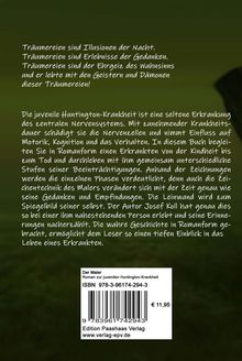 Text über Träumereien und die juvenile Huntington-Krankheit. Unten ein Buchcover mit ISBN und Preis. Grünlicher Hintergrund.