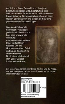 Text beschreibt einen Roman über Liebe, Verlust und Magie. Rechts diffuse graue Gestalt in einem leuchtenden Rahmen.