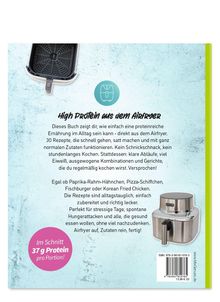 "High Protein aus dem Airfryer. Im Schnitt 37 g Protein pro Portion!" zeigt Airfryer und Text zum Kochen.