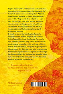 Text über Sophie Scholls Tagebücher. Gewürdigt für Verlagsprämie Bayern 2025. Gelber Hintergrund mit roten Akzenten.