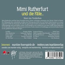 Es handelt sich um ein Cover für "Mimi Rutherfurt und die Fälle... Sturz ins Verderben". Darunter folgt eine Zusammenfassung der Handlung und die Besetzungsliste der Sprecher. Unten sind Webadressen und Kontaktinformationen. Links unten ist ein rundes Logo.