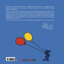 Text erklärt Inhalt und Auszeichnung eines Buches. Illustration: Figur in Blau hält rote und gelbe Luftballons.