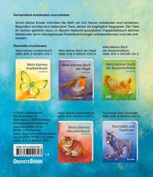 Texte über Gartentiere und Kinderbücher in Pastellzeichnungen. Buchcover mit Tieren auf blau-grünem Hintergrund.