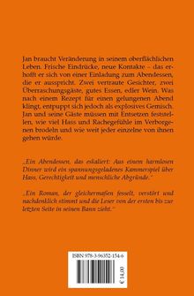 Orange Hintergrund. Text beschreibt Jans Einladung zu einem Abendessen, das eskaliert. Unten ISBN und Preisaufdruck.