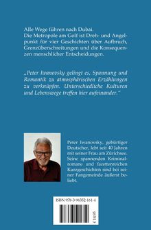 Rückseite eines Buches mit blauem Hintergrund. Text über Dubai und Peter Iwanovsky. Bild eines lächelnden Mannes mit Brille.