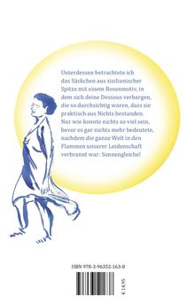 Text beschreibt Gedanken über ein durchsichtiges Säckchen aus Spitze. Illustration einer Frau in Blau. ISBN unten.