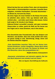 Gelber Hintergrund mit blauer Farbe bespritzt, enthält Text über Brösels chaotisches Leben und Zitate zu Freundschaft und Wachstum.