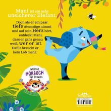 Text: "Mani ist ein sehr unsicherer Elefant..." Darunter ein fröhlicher, blauer Elefant in einem bunten Umfeld.
