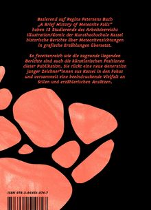 Roter Text auf schwarzem Hintergrund beschreibt ein Buchprojekt über Meteoriten. Links rote, organische Formen. ISBN unten.