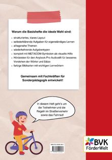 "Warum die Basishefte die ideale Wahl sind: strukturiertes Layout, selbstklärende Aufgaben, alltagsnahe Themen." Illustration: Kind mit Helm auf einem Fahrrad.