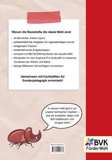 **Warum die Basishefte die ideale Wahl sind:** strukturiertes Layout, selbstklärende Aufgaben, Metacom-Symbole. Unten: roter Käfer mit Sprechblase. Logo: BVK Förderwelt.