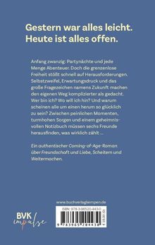 "Gestern war alles leicht. Heute ist alles offen." Beschreibung eines Coming-of-Age-Romans über Freundschaft. Unten ein Barcode.