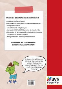 Texte erläutern Vorteile von Basisheften und deren Einsatz in der Sonderpädagogik. Illustration zeigt Kind in Shorts.