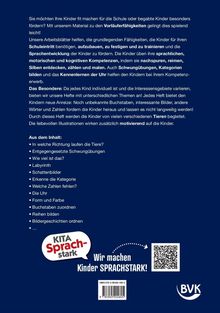 Werbetext für Kita-Material zur Förderung von Vorläuferfähigkeiten mit Aufgabenbeispielen. Enthält Logo und QR-Code.