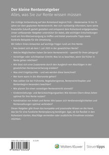 Ein Ratgeber über Rentenvorbereitung mit Fragen zur Rente. Unten ISBN, Preis und ein Logo von Wolters Kluwer Steuertipps.