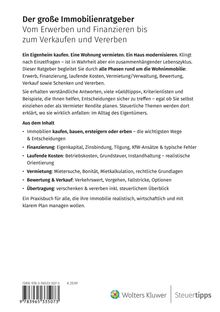 Text: Der große Immobilienratgeber. Vom Erwerben und Finanzieren bis zum Verkaufen und Vererben. Unten Logo von "Wolters Kluwer, Steuertipps".
