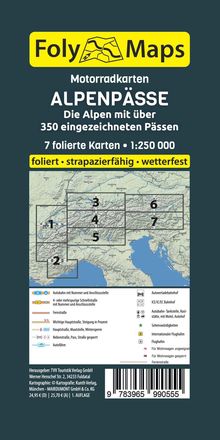 Foly Maps; Motorradkarten ALPENPÄSSE. Gelbes Logo mit stilisierter Karte. Landkarte der Alpenregion mit nummerierten Feldern.