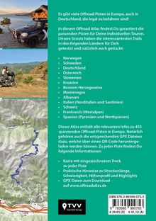Text zu Offroad-Pisten in Europa, Länder aufgelistet. Links oben Auto am Wasser, Mitte Motorradfahrer, unten Kartenausschnitt.