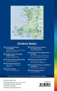 Texte: "Erlebnis Wales", Auflistung von Sehenswürdigkeiten in Wales. Karte von Wales mit markierten Orten. 