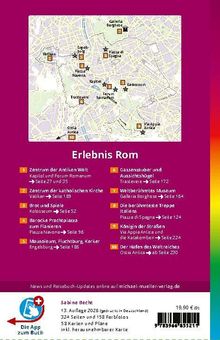 Oben: Stadtkarte von Rom.
Unten: "Erlebnis Rom" mit nummerierten Sehenswürdigkeiten und Seitenzahlen.
