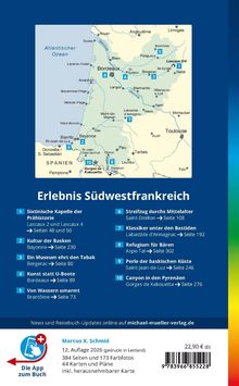 Erlebnis Südwestfrankreich: Sehenswürdigkeiten mit Seitennummern aufgelistet. Karte der Region mit Ortsmarkierungen.