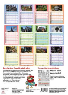 "Bergischen Familienkalender" oben, 12 Monatsseiten mit Bildern, "Unsere Buchempfehlung: Mach’ dein Wuppertal" unten.
