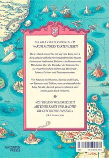 Text über Karten in der Literatur, Zitat von Tolkien. Hintergrund zeigt eine bunte illustrativ gestaltete Seekarte mit Inseln.