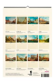 Kalender mit Gemälden von Venedig für jeden Monat. Januar: Canal Grande, 1738. Februar: Markusturm, 1763. Dezember: Basaltinseln.