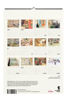 Kalender mit zwölf Gemälden von Carl Larsson. Darunter Monate auf Deutsch, Infos über Larsson. Favoriten Presse Logo.