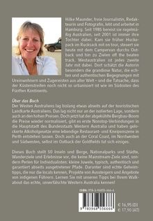 Ein Porträt einer lächelnden Frau neben Text über Hilke Maunder, Autorin und Fotografin, und eine Buchbeschreibung über Westaustralien. ISBN: 978-3-96855-666-6. Preis: € 16,95 (D).