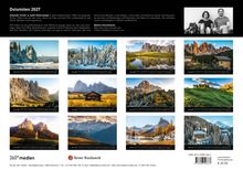"Dolomiten 2027". Zwölf Fotos von Berglandschaften in unterschiedlichen Jahreszeiten. Oben ein paar Fotografinnen.