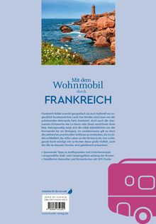 Mit dem Wohnmobil durch Frankreich. Foto von roten Klippen mit Leuchtturm am Meer, darunter ein Wohnmobil-Logo.