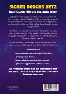 Text: "Sicher durchs Netz - Dein Guide für die digitale Welt." Ein Buchcover in lila mit Punktmuster, Verlag: Eulogia.