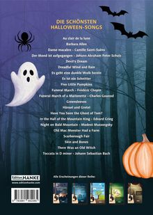 "DIE SCHÖNSTEN HALLOWEEN-SONGS" und eine Liste bekannter Stücke. Illustration mit Geist, Kürbis, Spinne und Fledermäusen.