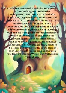 Text über magische Waldgeister und deren Abenteuer. Illustration mit bunten Bäumen und einem Haus.