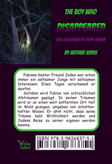 "The Boy Who Disappeared" in neon grün, "Die Geschichte von Jaden" in lila. Illustration von Wald mit einsamer Figur.
