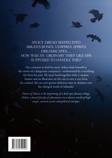 AN ICY DREAD SEEPED INTO ARKAN'S BONES. Above: Silhouettes of flying birds against a dark blue sky.