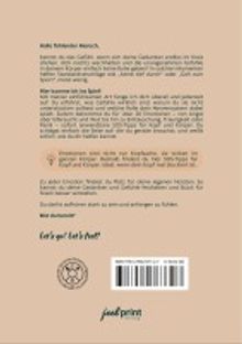 Texte über Achtsamkeit und Zufriedenheit im Leben. Logos und dekorative Elemente ergänzen das Layout.