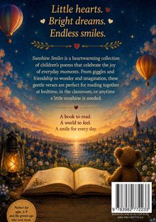 Ein Buch liegt auf einem Holztisch, umgeben von Blumen. Heißluftballons schweben über einer abendlichen Landschaft.