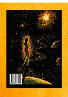 Illustration: Eine Person schwebt in einem sternenübersäten Weltraum, umgeben von Planeten und einer leuchtenden Sonne.