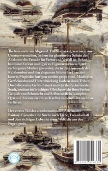 Text beschreibt eine Stadt voller Intrigen und Machtspiele. Unten ist ein Barcode. Hintergrund ist eine Illustration.