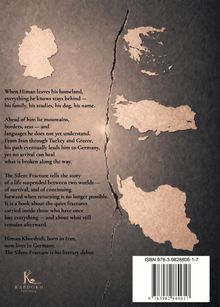Ein Buchcover mit Text über einen Mann, Himan, der seine Heimat Iran verlässt und in Deutschland lebt. Kartenskizzen im Hintergrund.