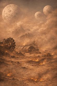 Illustration: Eine dystopische Landschaft mit riesigen Maschinen, rauchenden Kratern und mehreren Monden am Himmel.