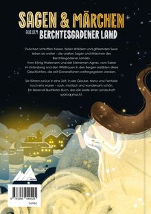 "Sagen & Märchen aus dem Berchtesgadener Land" steht oben. Illustration: Frau in Abendkleid blickt auf beleuchtete Stadt.